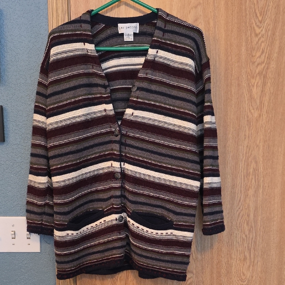 Jay Jacobs Vintage Women's Striped Cardigan in Maroon and Gray